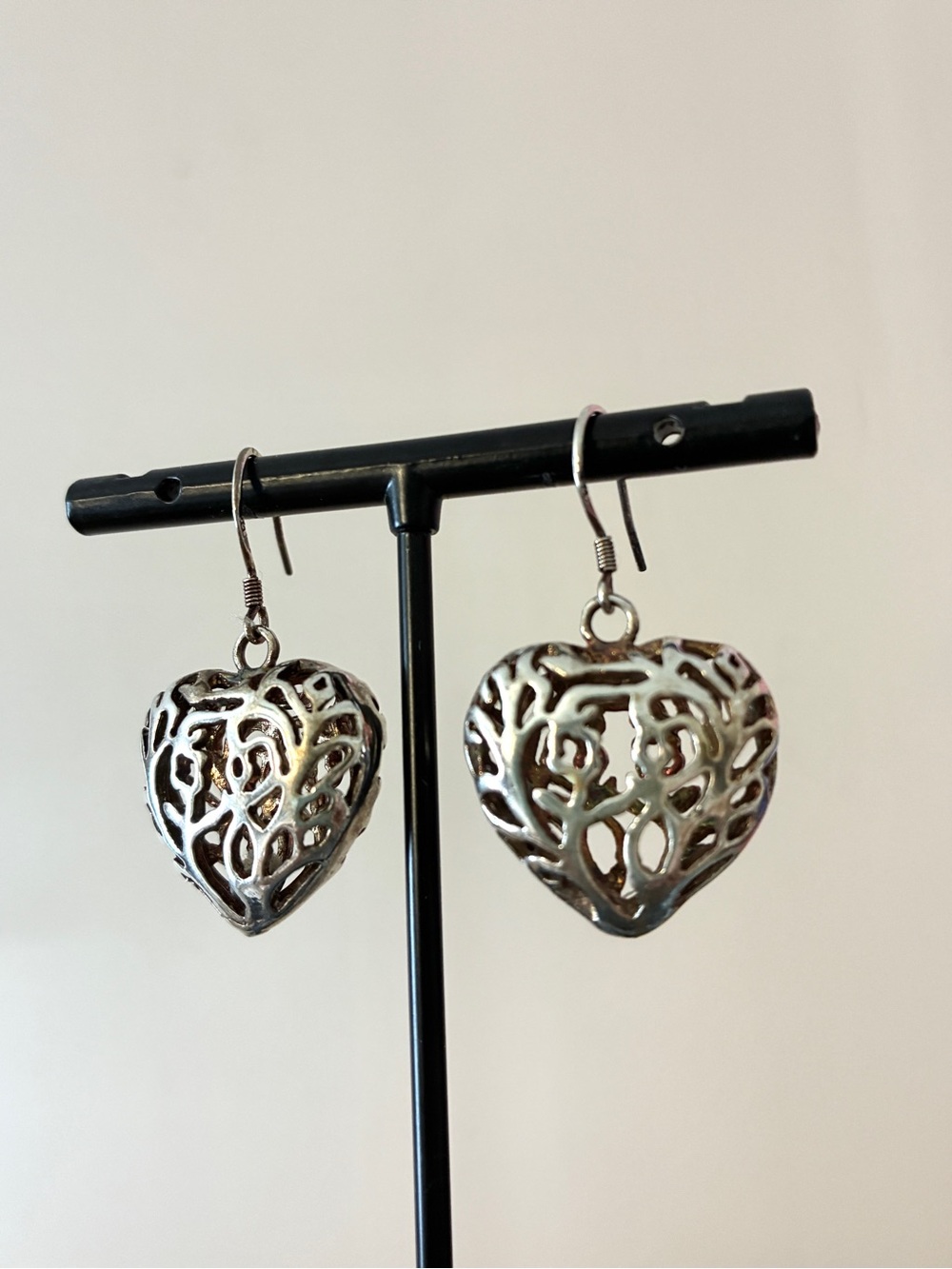 Sterling Puffy Heart Filigree Earrings - Romantic Openwork Design